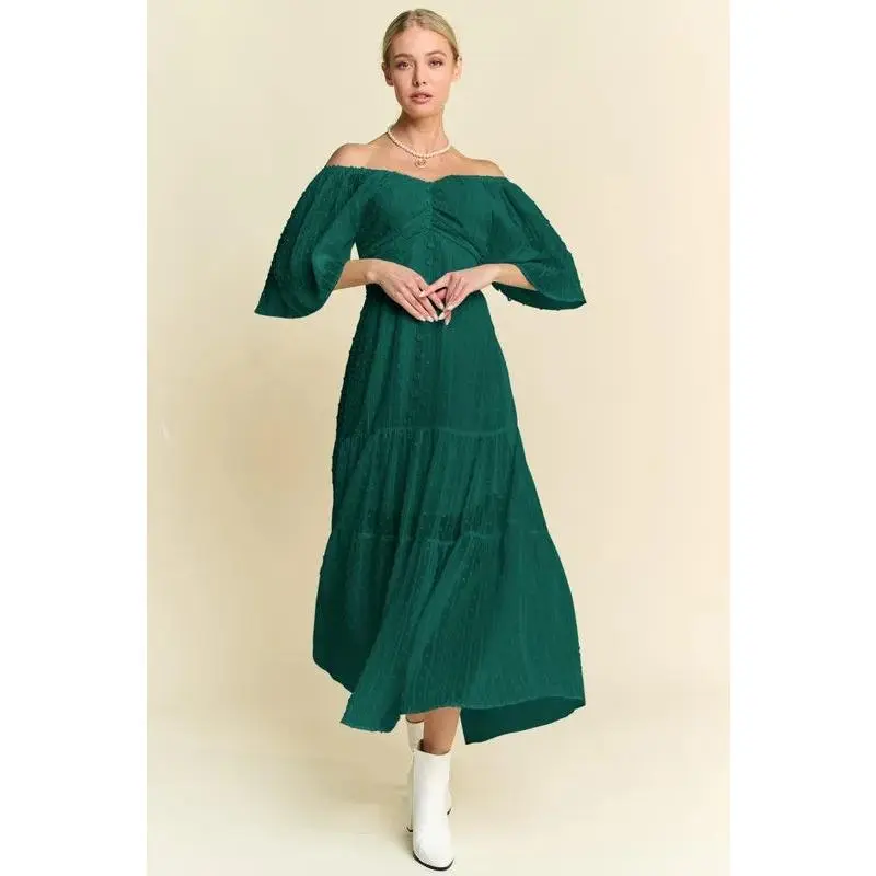 Women's Davi & Dani Classy Frilled Long Stretchy Casual Midi Dress - Swiss Dotted, Ruched, Open Back Feminine Piece, Classy Casual Dresses, Frilled Casual Dresses
