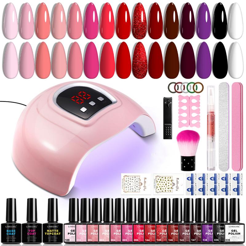 LIMEGIRL Gel Nail Polish Kit With UV Lamp 15 Color Semi Permanent Gel Nail Polish Kit With Frosted Top Paint Primer Nail Tool Set Nail  Polish Luminary Gel Nail Nail kit Nail Art Starter Kit for Beginners
