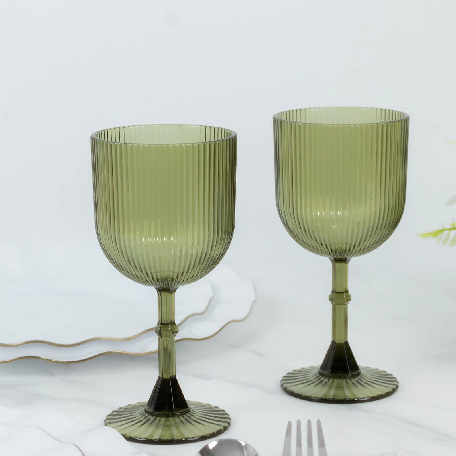 12-Pack Large Set Dusty Sage Green Plastic Wine Glasses, 9oz Vintage Ribbed Pattern - Transparent Reusable Shatterproof Goblets, Large Set Glasses