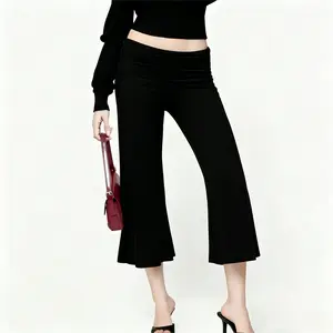 Casual Wide-Leg Culottes for Women - Fold-Over Waist Cropped Pants, Minimalist Chic Design for Work & Weekend, Stretchy Soft Knit Fabric.pantalones de mujer.flowy pants.going out bottoms