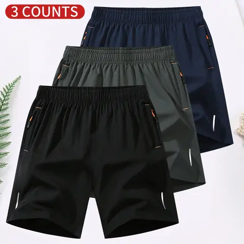 Men's Fitted Plain Polyester Stretchy Active Shorts - Elastic Waist, Zippered Pockets, Breathable Fabric, Casual Sports Bottoms for Summer Everyday Wear