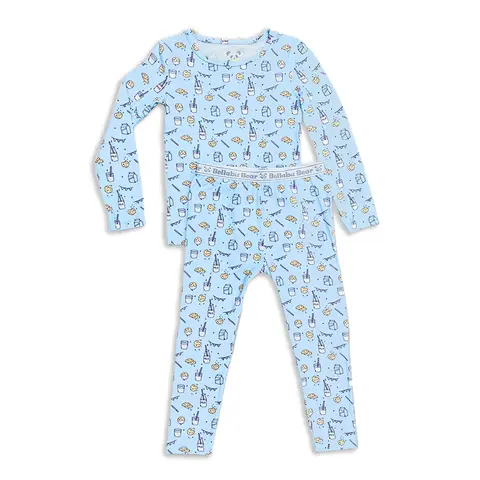 BELLABU BEAR Boys' Bamboo Rayon Long-Sleeve Cartoon Decal Pajama Set - 7/8y Breathable Cute Milk & Cookies Blue Pajama Outfit