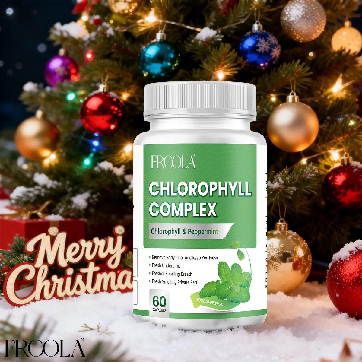 Natural Herbal Capsules Frcola Dietary Deodorizing Supplement - Chlorophyll Capsules with Chlorella, Peppermint Leaves, Clean Ingredients, Odor Control, Fresh Breath Support, 60 Count