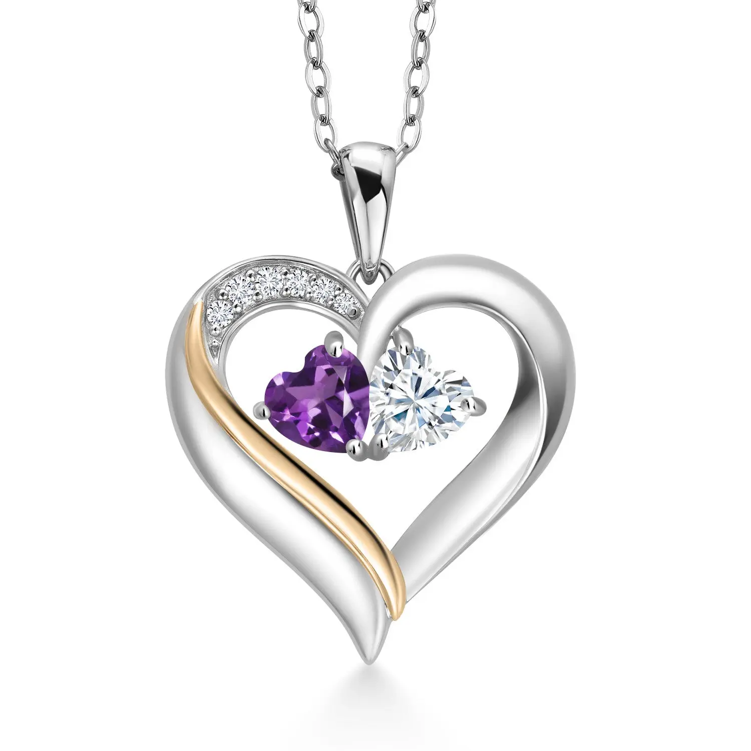 925 Silver and 10K Yellow Gold Purple Amethyst White Moissanite and Lab Grown Diamond Double Heart Shape Name Engraved Pendant Necklace for Women | 0.87 Cttw with 18 Inch Chain