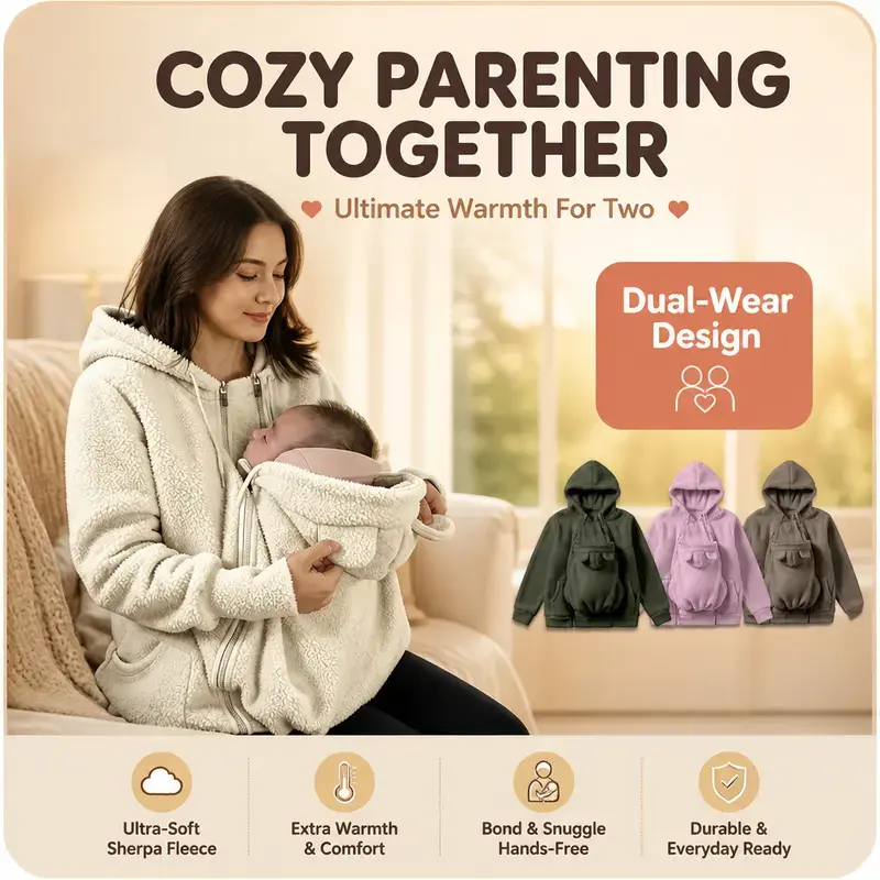 Ryvah women’s plush fleece hooded jacket with a detachable baby carrier panel, zip-up warm winter coat suitable for outdoor activities and home use, new autumn arrival.