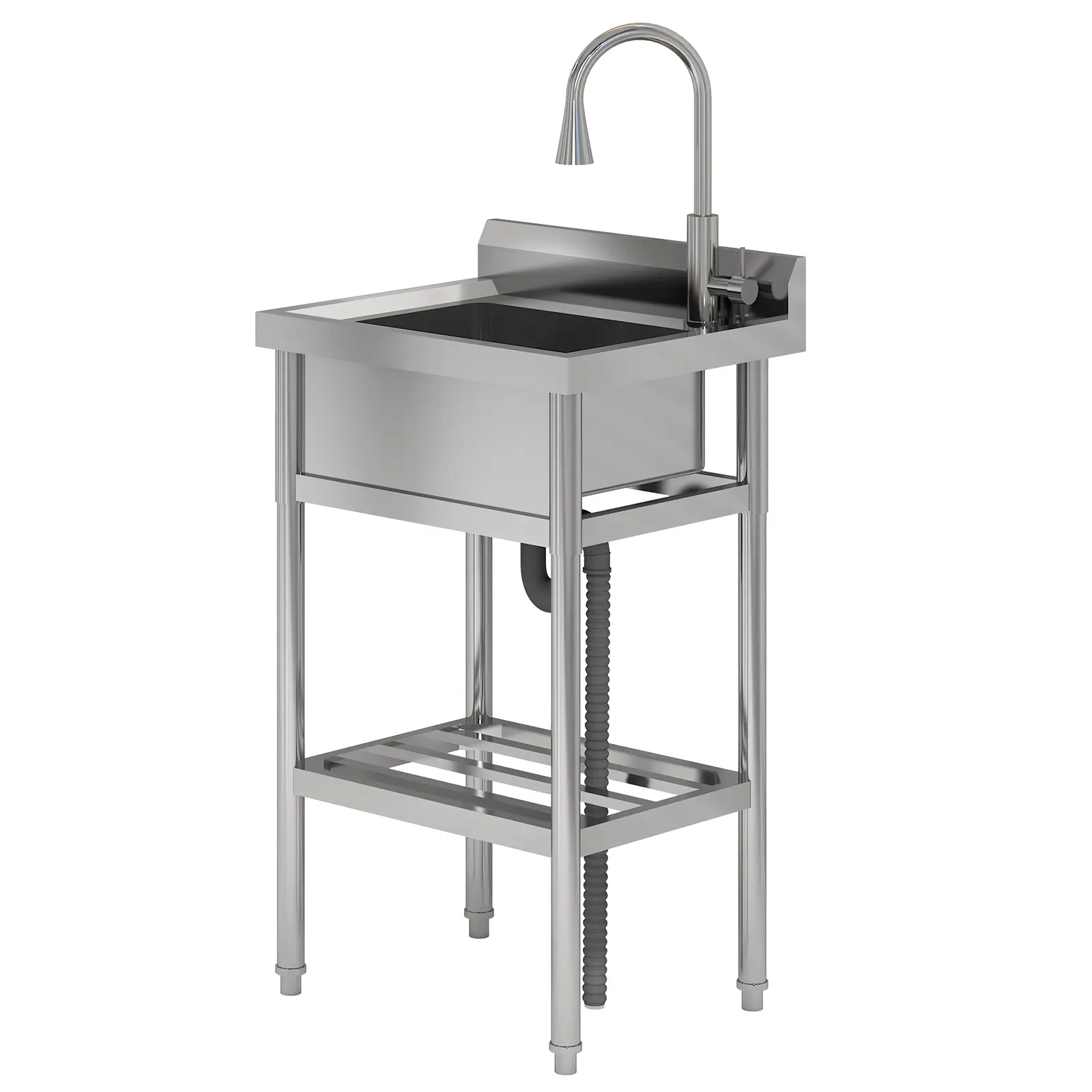 Freestanding stainless steel utility sink with single basin, built-in workbench, heavy-duty 360° pull-out faucet, hot and cold water, ideal for indoor/outdoor kitchens and laundry rooms.