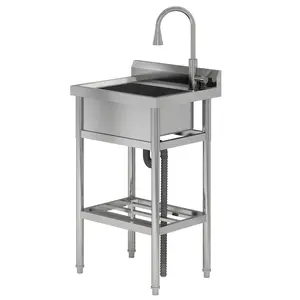 Freestanding stainless steel utility sink with single basin, built-in workbench, heavy-duty 360° pull-out faucet, hot and cold water, ideal for indoor/outdoor kitchens and laundry rooms.
