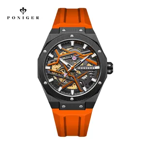 Poniger Brand Luxury Black Hollow Men's Watch Mechanical Automatic with Orange Strap and Skeleton Dial
