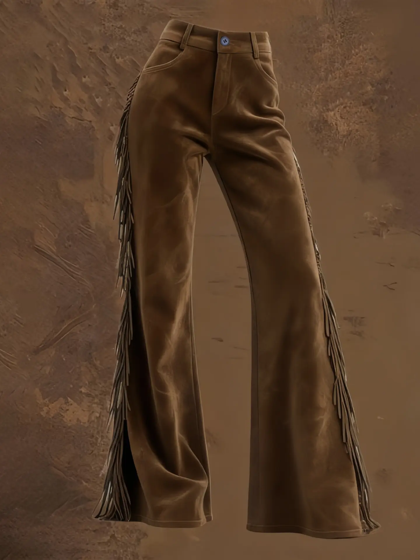 Women’s Brown Fringe Flare Pants, High-Waisted Suede-Look Trousers with Side Tassels for Western, Country Concert & Festival Outfits