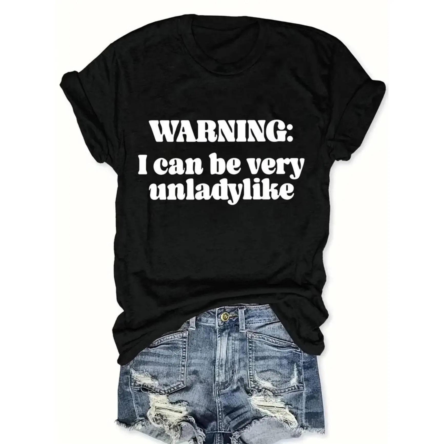 Menswear Short-Sleeve Round Neck T-Shirt - "Warning I Can Be Very Unladylike" Graphic, Cute Slogan, Comfortable Casual Outfit, Funny Fashion Top, Perfect Gift
