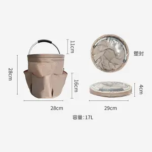 17L Foldable Garden Tote Bag with Multiple Pockets, Portable Gardening Tool Organizer Bucket with Aluminum Handle, Heavy Duty Canvas Gardening Bag for Yard, Camping, DIY