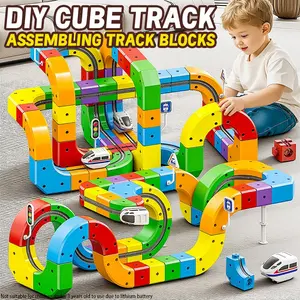 51PCS Electric Train Set Flexible Track DIY Race Car Track Building Blocks Kits with Train and Traffic Signs for 4-10 Year Old Boys Girls Christmas Birthday Party STEM Learning Gifts