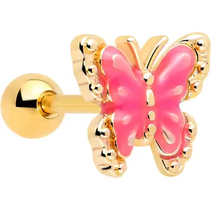 16G 1/4 Gold Tone Butterfly Pink Splash Cartilage Tragus Earring