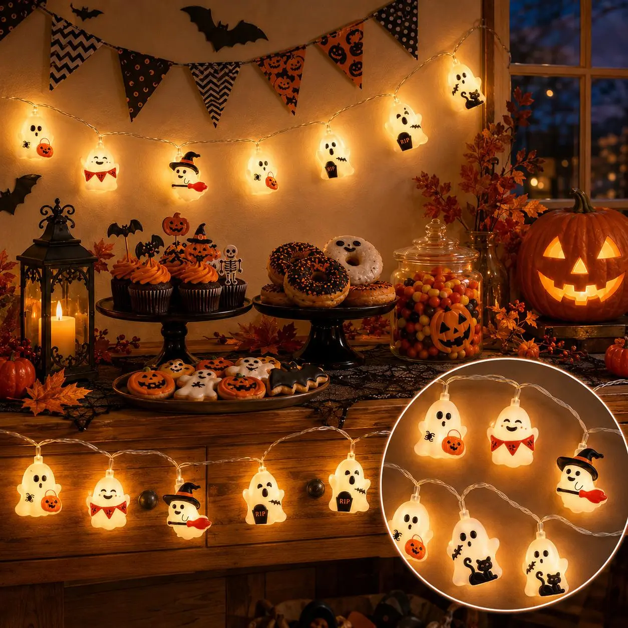 20-Piece Warm-Colored LED Halloween String Lights Set - Battery-Powered, Adjustable Hanging Ornaments with Pumpkin & Witch Hat Designs, Ideal for Halloween Bedroom, Party, Staircase Decor