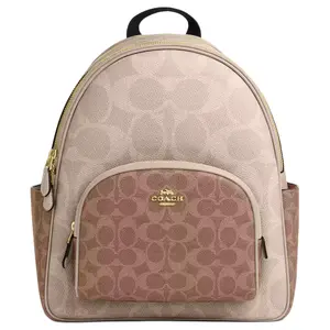 COACH Court 28 Color-Blocked Signature Coated Canvas Backpack for Women in Sand and Tan