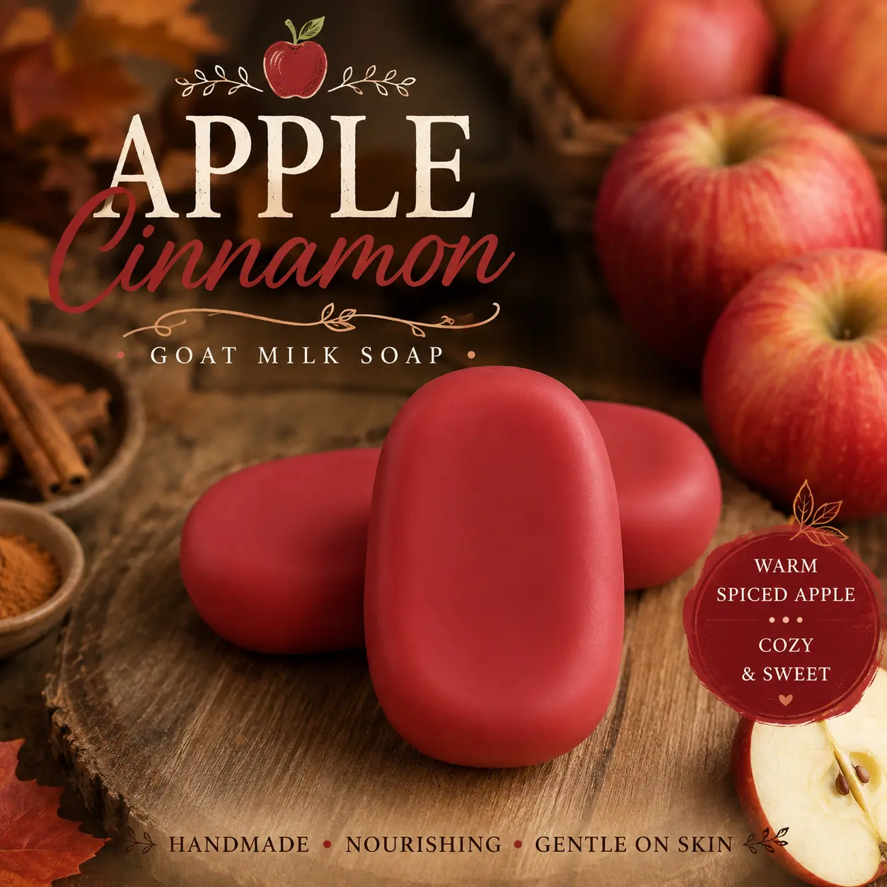 Apple Cinnamon Goat Milk Soap, Warm Fall Handmade Bath Soap for Body & Hand Cleansing