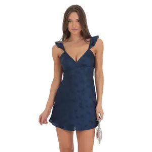 Lucy In The Sky Satin Floral Open Back Slip Dress in Navy