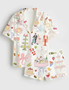 Women’s Whimsical Hand Drawn Watercolor Wedding Dolce Vita Summer Print - Long Sleeve Satin Pajama Set , Short Sleeve Satin Pajama Set - SUITABLE FOR ALL AGES IN YOUR FAMILY