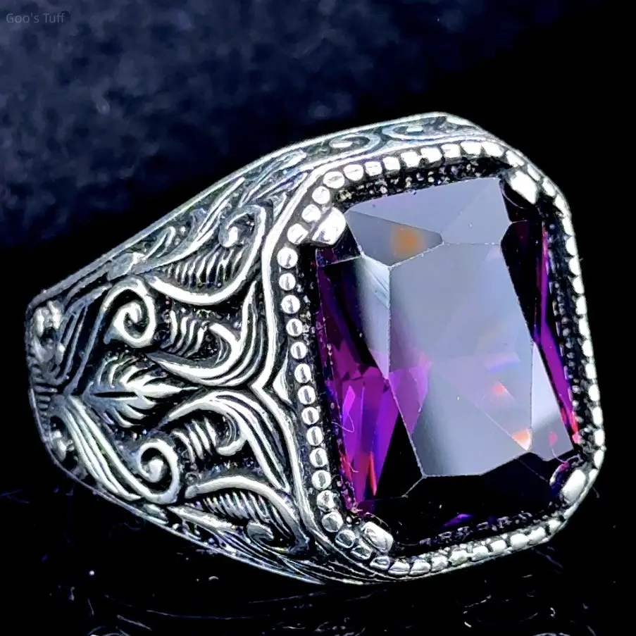 Men's Vintage Statement Ring with Carved Purple Crystal, Engraved Antique Silver Plated Band, Versatile and Bold Jewelry for Street Fashion, Rings, Band Striking Purple Stone, Daily, Vintage Streetwear, Finger Band
