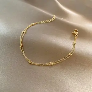 Gold Color Double Layer Small Round Beads Bracelet for Women Trendy Simple Chain Female Ball Bracelet Jewelry