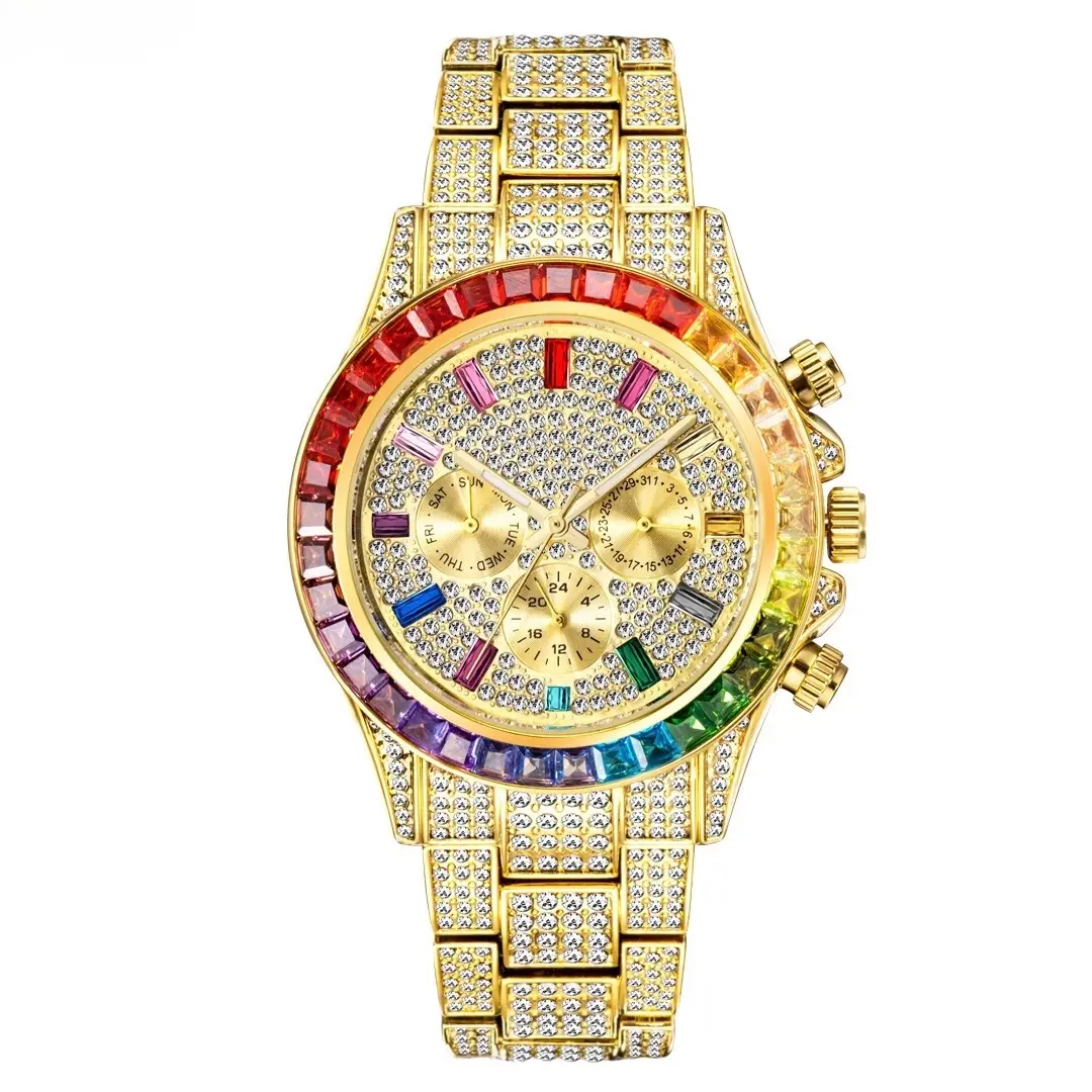 Iced Out Gold Luxury Watch Fully Diamond Dial Rainbow Bezel Statement Timepiece with Rhinestone Accents