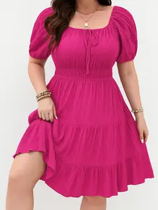 Womens Dresses 2025 Summer Rose red fashionable dress for daily matching, loose and breathable plus size women's clothing Laced Embroidered Tulle Bib Dress modest dress wendy  tiana  prom  dress ,easter prom dress