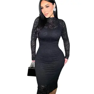 Sultry Lace Long Sleeve Midi Dress - Comfortable Fit, 92% Nylon & 8% Spandex, Elegant Design, Suitable for Various Occasions - Casual