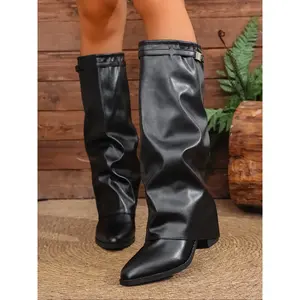 Women's Leather Foldover Shark Classic Buckle High Top Boots, Fashionable Design for Trendy Women, Durable Comfortable Shoes, Pointed Toe BootsRAIMENTRY