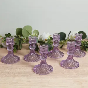 6-Pack Glass Taper Candlestick Holders Diamond Pattern Design Lavender Lilac - Reversible Crystal Pillar Votive Stands 4"