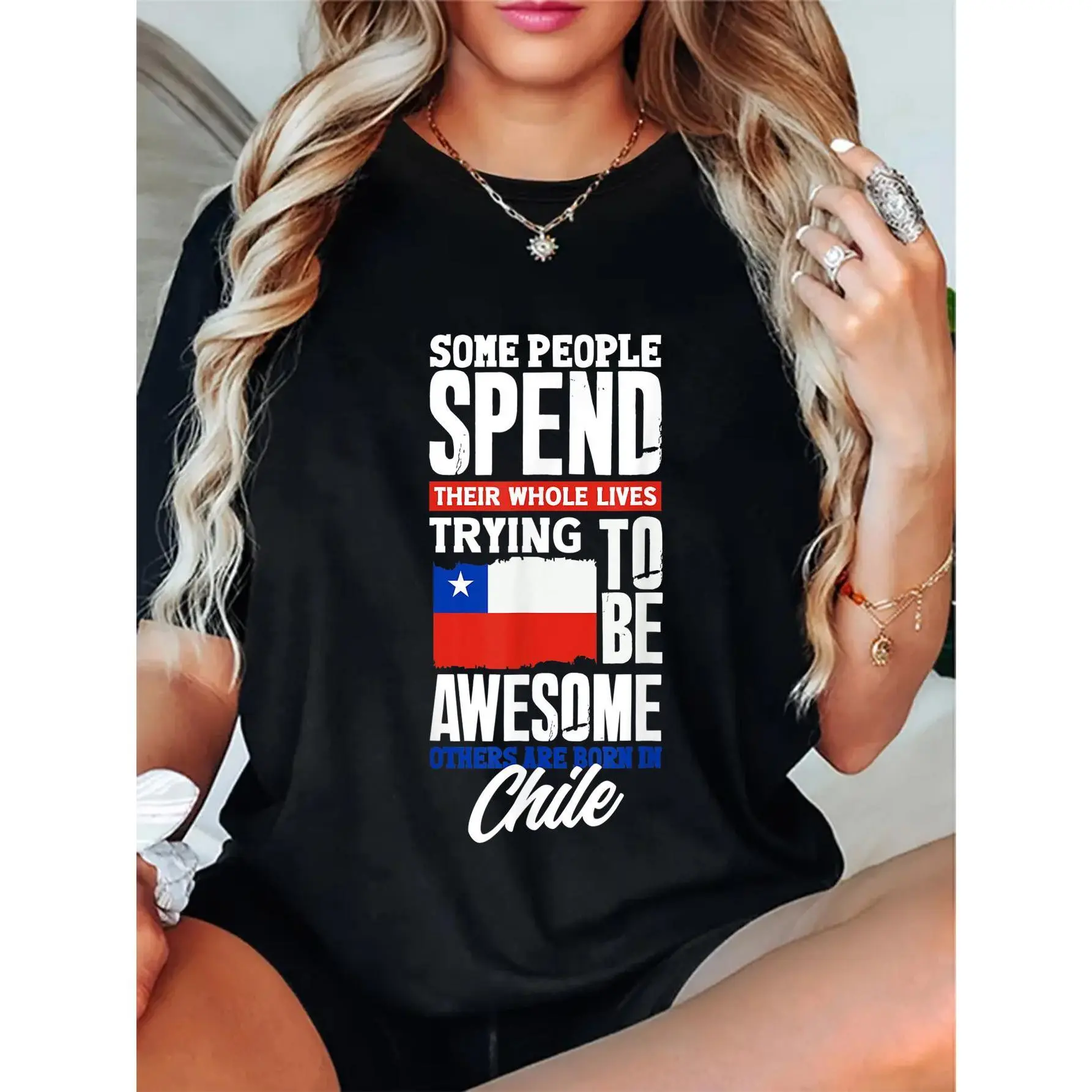 Women's 100% Cotton Fitted Crew Neck Shortleeve Graphic T-Shirt - Chile Flag & Funny Quote Casual Top, Shortsleeve