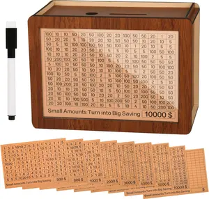 Summer Spring Gift 10,000 Kakeibo Savings Challenge Box – Wooden Cash Vault Piggy Bank for Adults & Kids with 10 Savings Amount Goals