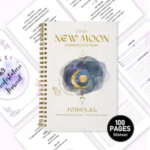 New Moon Manifestation Diary: A portable spiral-bound notebook measuring 8.3*5.7 inches with 100 inner pages. The cover is decorated with star and moon watercolor patterns and golden embellishments. Positioned as a monthly ritual and intention guide, it i
