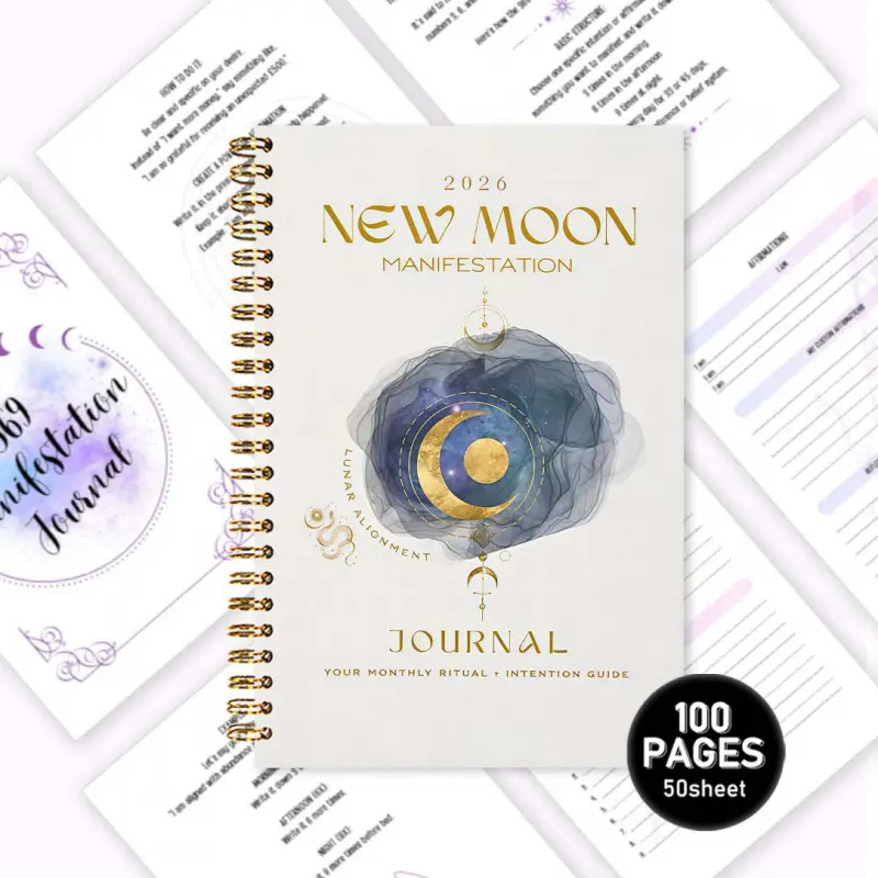 New Moon Manifestation Diary: A portable spiral-bound notebook measuring 8.3*5.7 inches with 100 inner pages. The cover is decorated with star and moon watercolor patterns and golden embellishments. Positioned as a monthly ritual and intention guide, it i