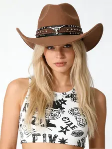 American Vintage Western Cowboy Hat, Bull Rivet Large Brim Wool Blend, Versatile Photo Prop, Western Cowboy Hat