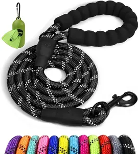 Rope Dog Leash 6 FT with Comfortable Padded Handle, Highly Reflective Threads Dog Leash for Medium Large Dogs, 1/2 inch, Black leash