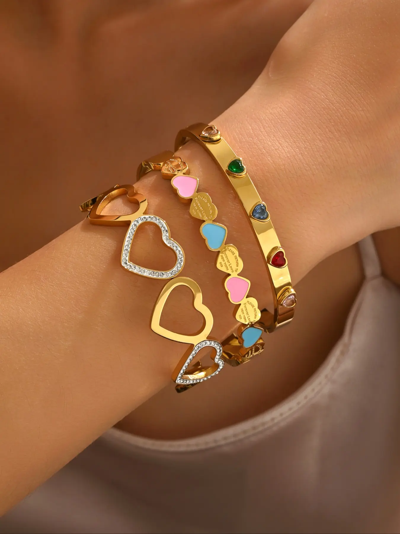 Cute Colorful Heart Waterproof Stainless Steel Bracelet Set, Bracelet Bundle, Matching Heart Bracelets, Romantic Enamel Luxury Bangles, Fashion Jewelry for Women, Valentine's Day Gift
