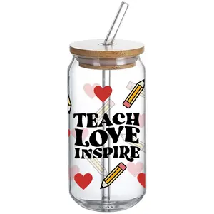 Teach, Love, Inspire - Glass Tumbler with Bamboo Lid and Straw