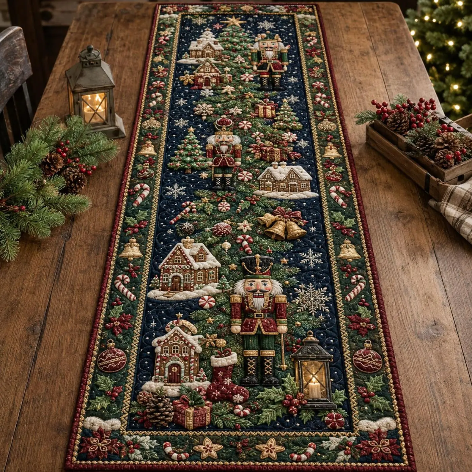 Polyester-Velv Quilted Nutcracker Christmas Table Runner, Gingerbread House Themed Holiday Kitchen Linen Decor