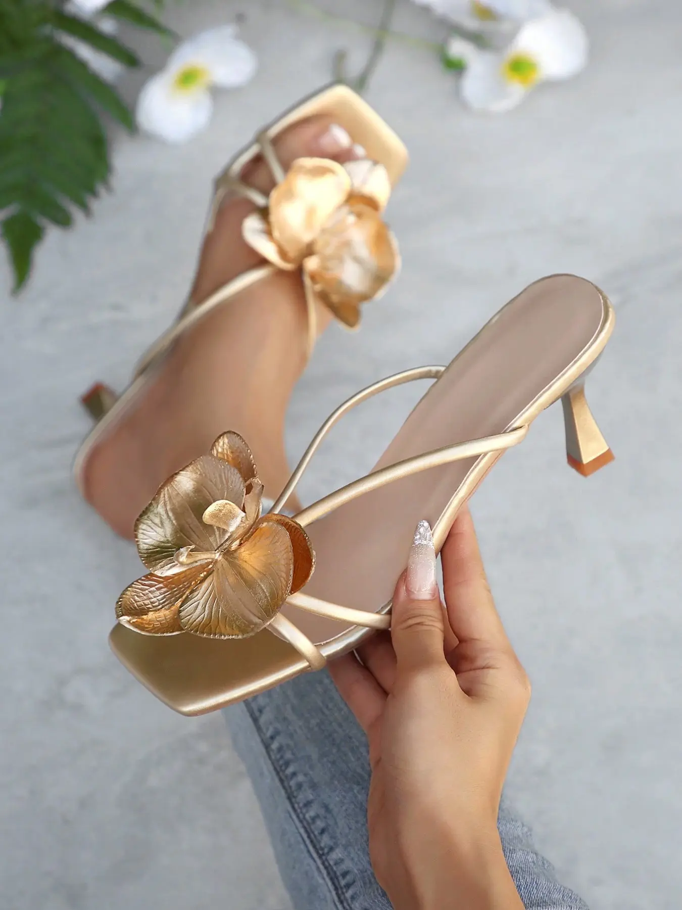French Fairy Style Fashionable Floral Sandals, Classy Sandal, Elegant High Heel Slippers for Women, Flower, Business Casual, Party, Vacation, Dating, Shopping, Home Relaxation