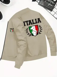 Men's Italy Flag Print Zip Up Jacket, Regular Fit Casual Fashion Comfy Long Sleeve Outerwear for Daily Outdoor Wear, Men Clothes Tops for Fall & Winter, Coats, Menswear