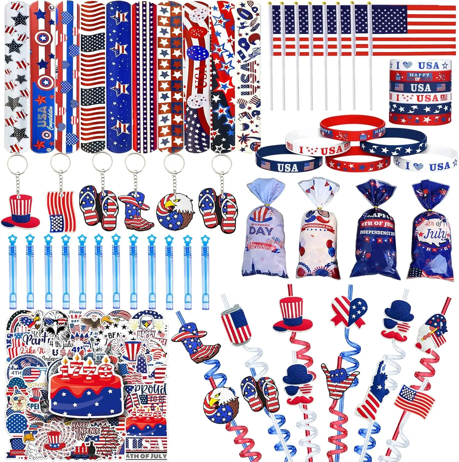 128 Pcs Patriotic Party Favors & Supplies for 4th of July, Including Bracelets, Handheld USA Flags, Keychains, Bubble Sticks & Stickers for Independence Day Parades