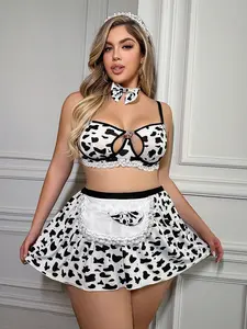 LUSHLACE Plus Size Cow Milk Silk Costume 5-Piece Set
