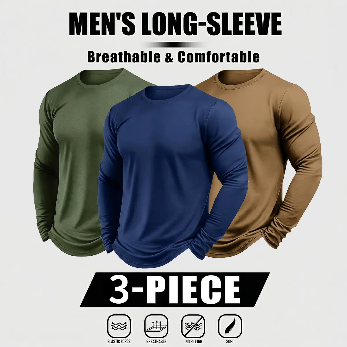 Men's Long Sleeve T Shirt Lightweight Breathable Casual Tee for Men, Solid Color Basic Shirt for Daily Wear, Layering Top for Fall Spring, Black Navy Green Brown Red