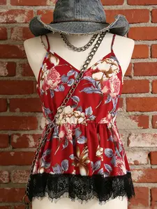 French Vintage Wine Rose Print Camisole, Womenswear Tops, Adjustable Fine Strap, Plus Size Waist Cinching, A-Line Ruffle Hem, Lace Patchwork, Elegance