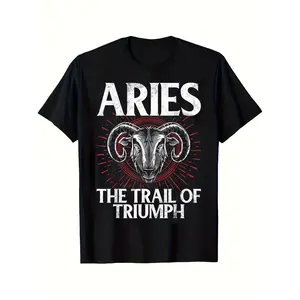 Aries The Trail of Triumph Men's Constellation Pattern Black Casual T-Shirt Astrology Print Short Sleeve Machine-Washable Soft Cotton Comfort