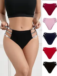 Payina 5-Pack Women's Cut Out Brief, Underwear with Shiny Waistband Striped Pattern in Assorted Colors Soft Comfy Knicker Basic Style Minimalist Panties Womenswear, Panty, Lady