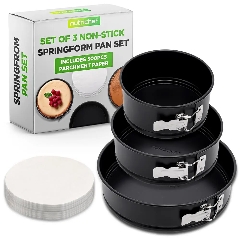 3-Piece Nonstick Springform Pan Set - Black | Easy Release Carbon Steel Baking Pan-with Removable Bottom - Oven Safe 450°F, Dishwasher Safe & Bent-Proof - Includes 300 Parchment Papers - Kitchen Bakeware