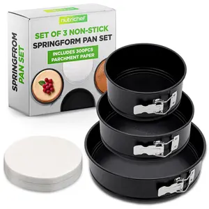 3-Piece Nonstick Springform Pan Set - Black | Easy Release Carbon Steel Baking Pan-with Removable Bottom - Oven Safe 450°F, Dishwasher Safe & Bent-Proof - Includes 300 Parchment Papers - Kitchen Bakeware