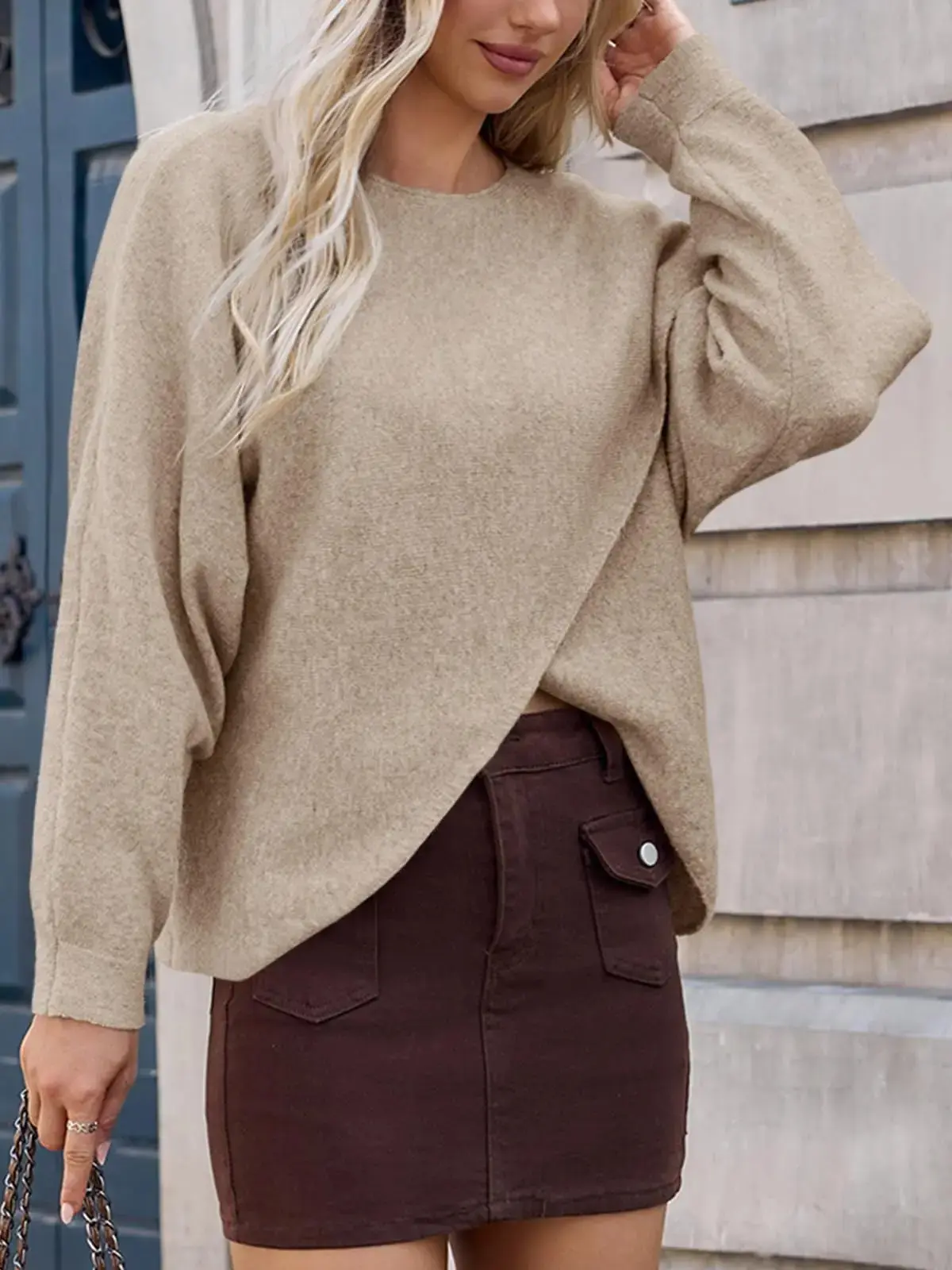 Women Oversized Batwing Sweaters Long Sleeve Crew Neck Poncho Slouchy Knit Asymmetrical Pullover Tops for Daily 2026 Soft Warm Breathable Lightweight Comfy Weekend Vacation Streetwear