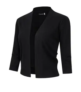 Women's 3/4 Sleeve Open Front Cropped Cardigan Sweater Lightweight Knit Short Shrugs Black S